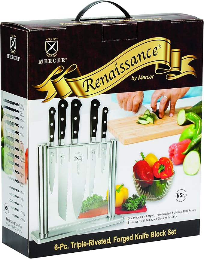 Mercer Culinary M23500 Renaissance 6-Piece Forged Knife Block Set, Tempered Glass Block