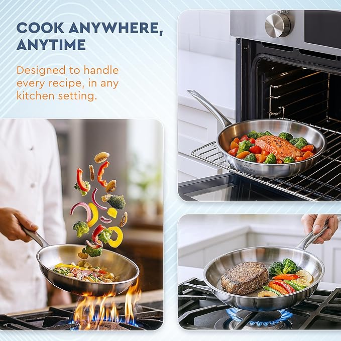 UNOX Stainless Steel Frying Pan 12 inches 3-ply Dishwasher Oven Safe up to 800°F -Crafted in Turkey