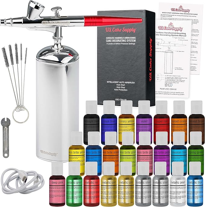 U.S. Cake Supply - Complete Cordless Handheld Airbrush Cake Decorating System, Professional Kit with a Full Selection of 24 Vivid Airbrush Food Colors - Decorate Cakes, Cupcakes, Cookies & Desserts