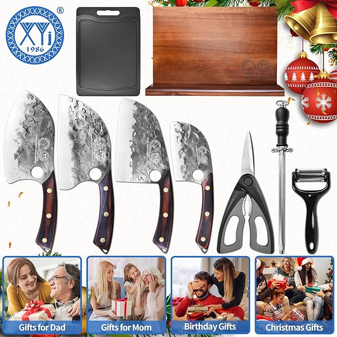 XYJ Authentic Since 1986,Kitchen Knife Block Set,High Carbon Steel Blades,Knives Set with Wooden Magnetic Knife Block,Sharpening Steel,Cutting Board,Cleaver Slicing Knife,Wood Handle