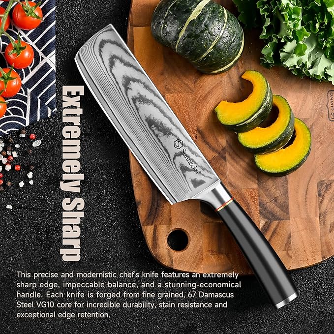 Sunnecko Damascus Nakiri Knife,Japanese VG10 Core Steel Damascus Cleaver Knife,Professional Razor Sharp Kitchen Knives with Knives Sharpner