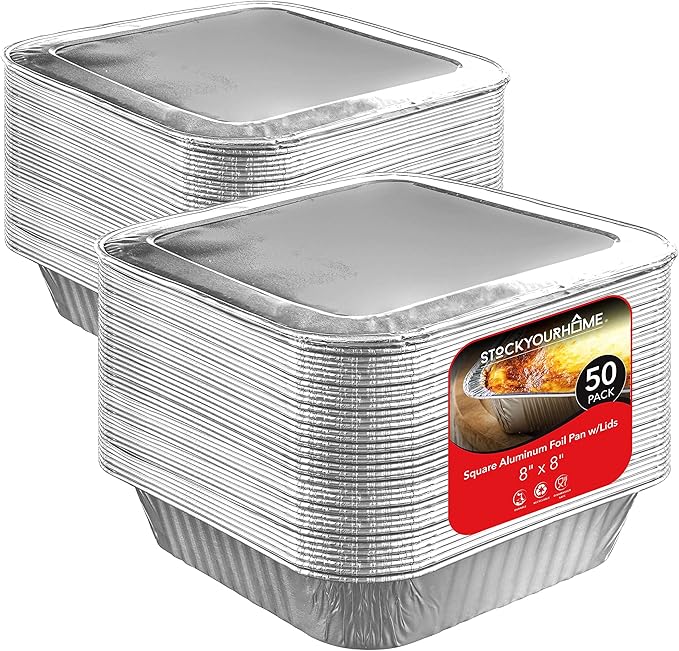 Stock Your Home 8" Square Cake Pans (50 Pack) - Disposable & Recyclable - Aluminum Baking Pans with Lids