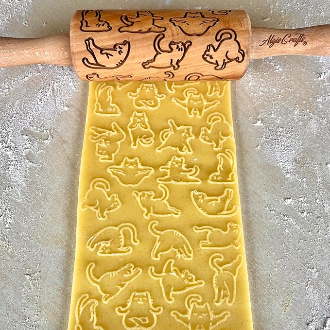 CATS 3 Mini Embossed Rolling Pin Set – Wooden Laser-Engraved Textured Rolling Pins for Cookies, Modeling Clay, Ceramics – Various Cat Patterns by Algis Crafts