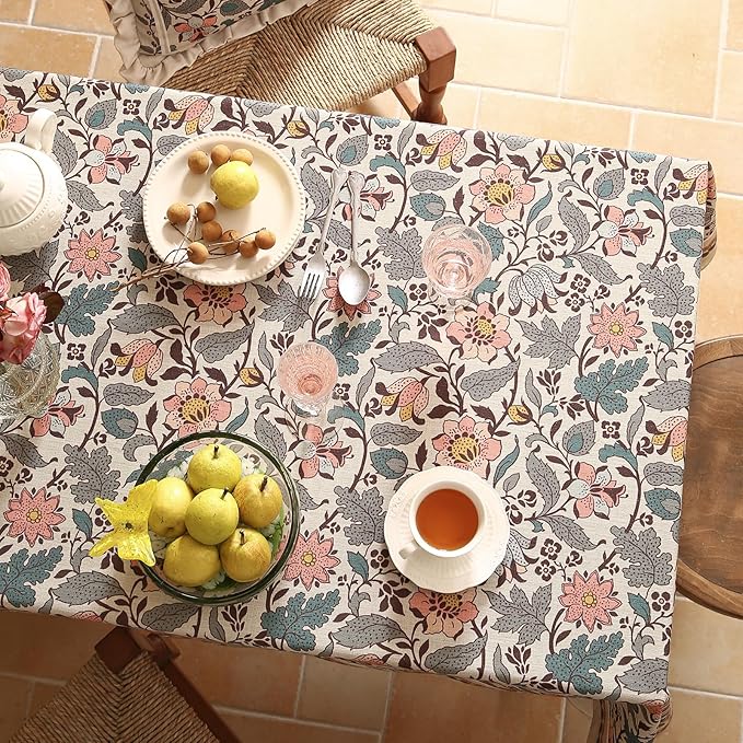 ISAENNE Designer Boho Floral Extra Long Tablecloth Rectangle,Linen Lotus Flower Pattern Colorful Table Cloth,Durable Decor Tablecloths for Dining Thanksgiving Kitchen Christmas,67"*118"-Hazel A