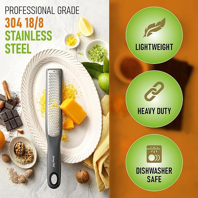 Spring Chef Premium Gray Lemon Zester Grater with Handle - Lime, Garlic, Ginger, Orange, Nutmeg, Fruit Grater - Heavy Duty Kitchen Tool - Stainless Steel Citrus Zester with Blade Cover - Fine Shred