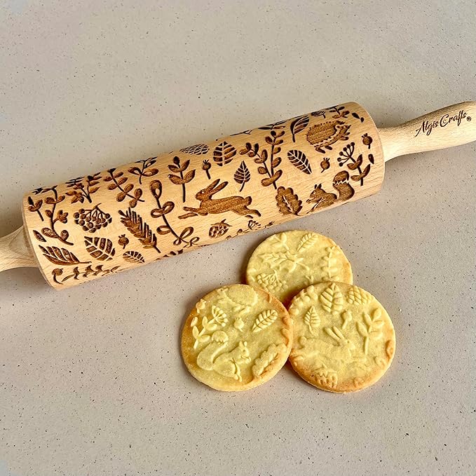 FOREST ANIMALS Embossing Rolling Pin. Laser Engraved Dough Roller for Embossed Cookies Fondant or Pottery by Algis Crafts