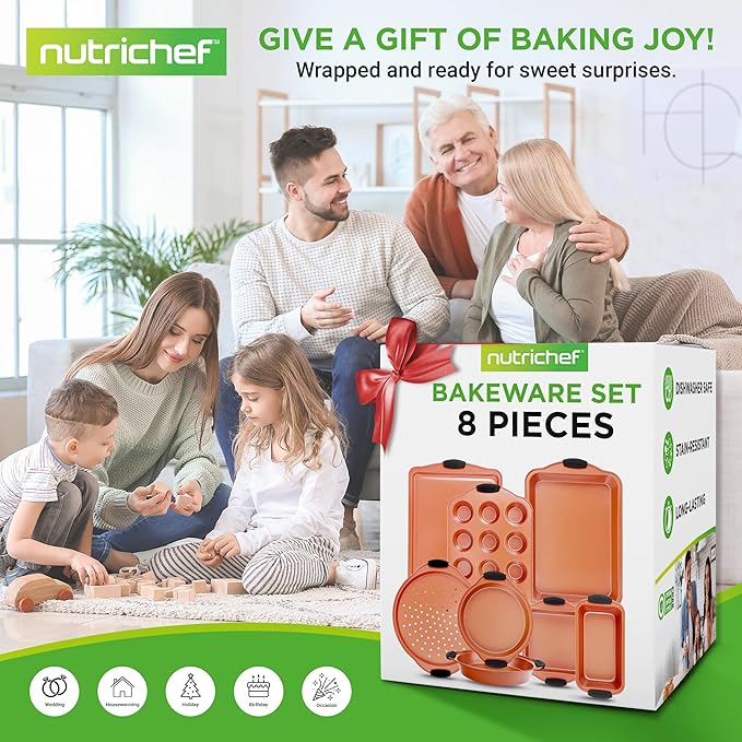 NutriChef 8 Piece Baking Pans Set - Nonstick Carbon Steel Bakeware Set w/ Silicone Heat-Safe Handles - Includes Loaf Pan, Muffin Pan, Cookie Sheets, Pizza Crisper, Roasting Pans - Rose Gold