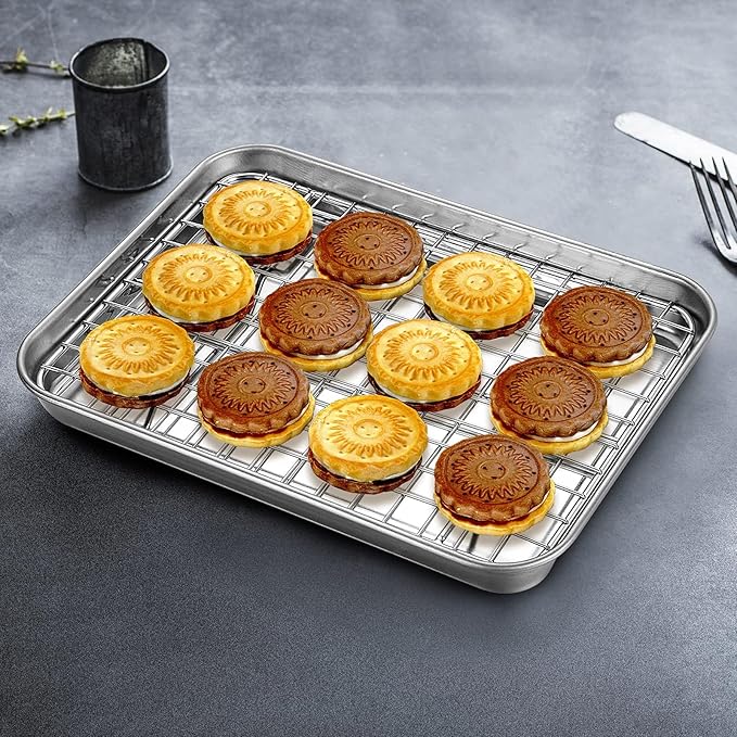 Baking Sheet with Rack Set, Yododo Set of 4 (2 Sheets + 2 Racks), Stainless Steel Cookie Sheet Baking Pan Tray with Cooling Rack, Non Toxic & Heavy Duty & Easy Clean - Size of 16 inch