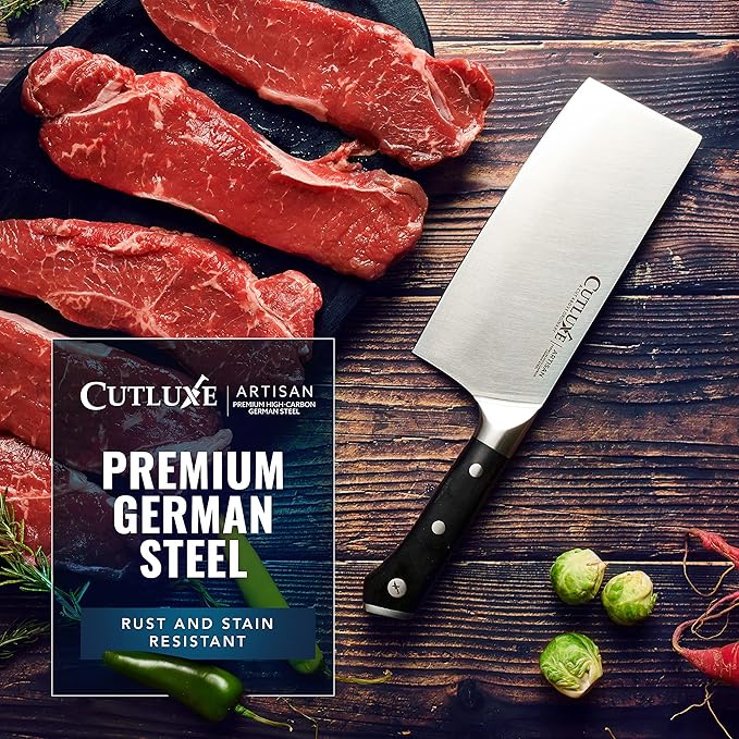 Cutluxe Cleaver Knife - 7" Meat Cleaver, Butcher Knife for Meat Cutting – German Steel Blade, Full Tang, Ergonomic Handle Design – Artisan Series