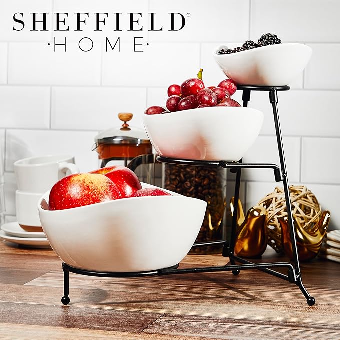 Sheffield Home 3 Tier Stoneware Large Serving Bowls Set with Metal Stand - Microwave & Dishwasher Safe Fruit Bowl & Chip and Dip Servings Set - Serving Dishes for Party, Kitchen & Side Dishes (White)