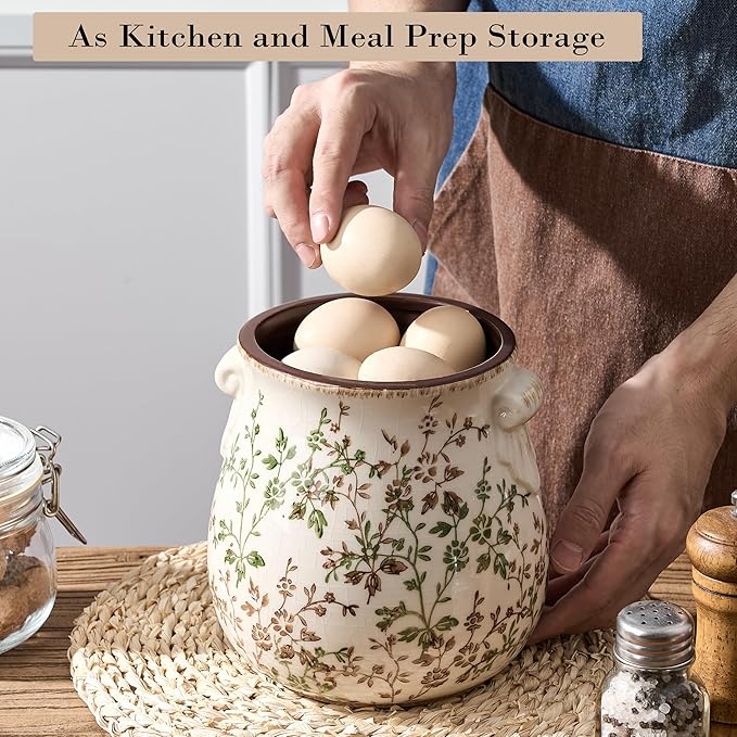 Utensil Holder for Kitchen Counter, Modern Farmhouse Rustic Cooking Utensil Holder and Crock, Exquisite Chinoiserie Floral Ceramic Utensil Organizer for Home Kitchen Decor- Green and Beige