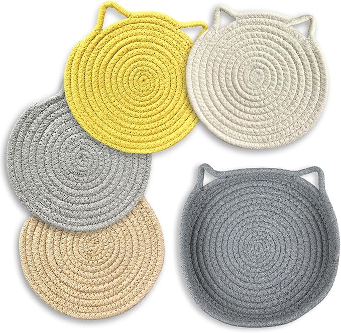 UKJENT 7" Trivets for Hot Dishes - 4 Pcs Cat Shaped Cotton Trivet Mats with Storage Basket, Heat Resistant Hot Pads Pot Holders for Hot Pots & Pans, Kitchen Counter Farmhouse Table Decor Essentials