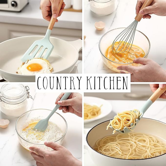 Country Kitchen Non Stick Silicone Utensil Set with Rounded Wood Handles for Cooking and Baking, 14 Piece Set, Mint