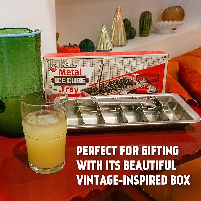 Stainless Steel Ice Cube Tray with lever (11", 18 cubes), Classic Metal Ice Cube Trays for Freezer, Vintage & Retro, Non Toxic, Plastic Free, Dishwasher safe