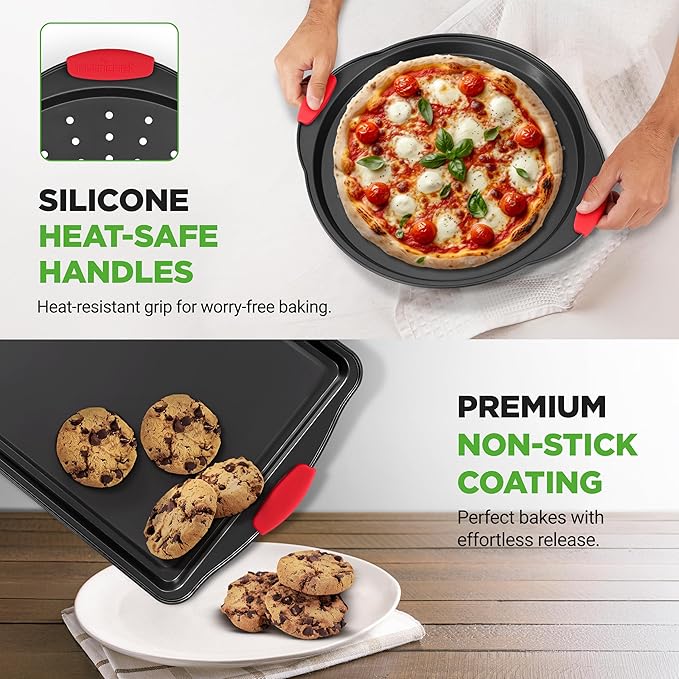 NutriChef 10‑Piece Non‑Stick Bakeware Set – Premium Carbon Steel Baking Pans Set with Silicone Handles – Oven & Dishwasher Safe – Complete Baking Sheet Set for Cookies, Muffins, Loaf, Pizza