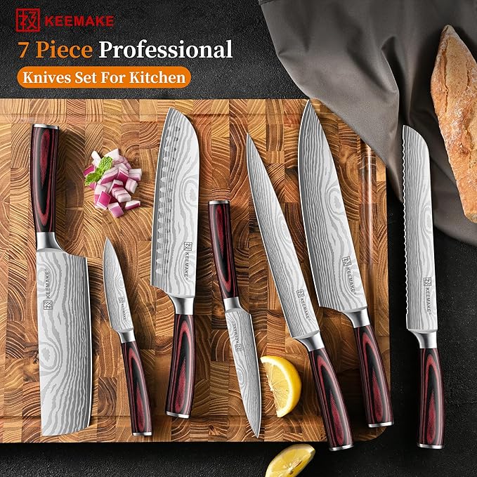 KEEMAKE Kitchen Knife Set, Ultra Sharp Chef Knife Set 7-Piece, High Carbon Stainless Steel Chefs Knife Set, Professional Knives Set for Kitchen with Pakkawood Handle and Gift Box