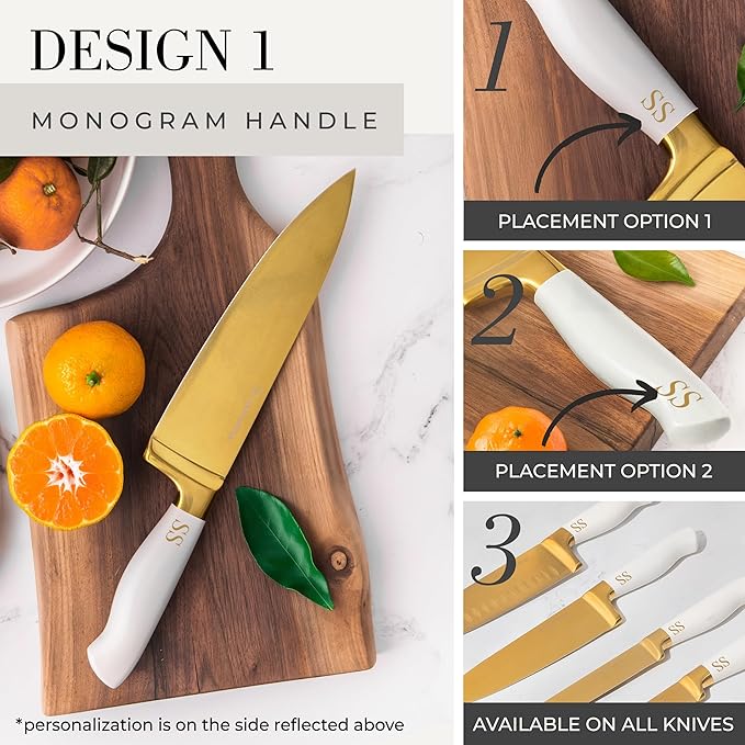 Personalized Gold Knife Set with Self-Sharpening Block – Make It Uniquely Yours with Custom Engraving on Luxurious White and Gold Knives – Personalized Gift for Weddings, Birthdays, Anniversaries