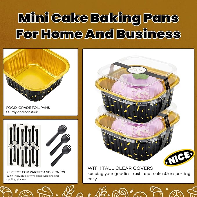 50 Pack Mini Cake Pans with Lids and Spoons Aluminum Foil Pans Square Cake Tins for Bakery Party Wedding (Black Gold Spot,5 oz)