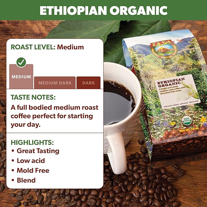 Low Acid Organic Coffee – Whole Bean, Mold-Free & Stomach Friendly by Java Planet, Ethiopian Single Origin Coffee, Medium Roast, Smooth Full Flavored, 5LB Bag