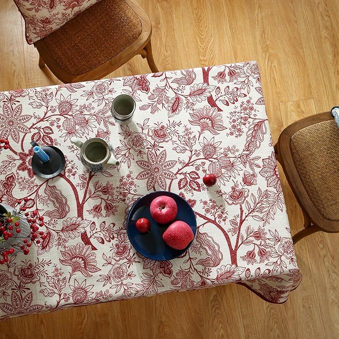 ISAENNE Designer French Linen Small Rectangular Tablecloth,Red Floral Washable Indoor Table Cloth,Durable Home Decor Tablecloths for Dining Thanksgiving Kitchen Party Christmas,55"*71"-Ruyi A