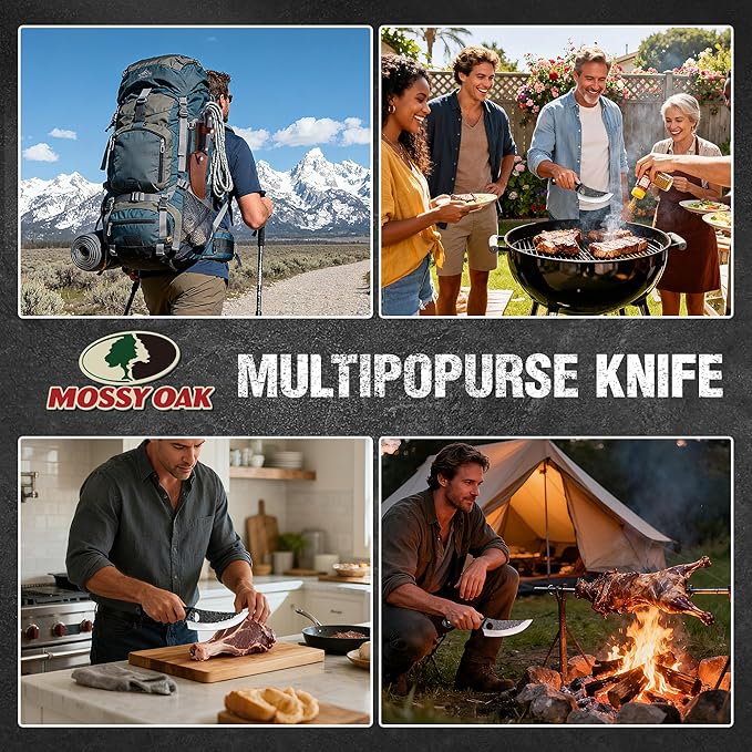 Mossy Oak Chef Knife, Kitchen Knife for Boning, Cutting, and Chopping, Hand Forged Boning Knife Full Tang Handle with Genuine Leather Sheath, Meat Cleaver Knife for Outdoor Cooking, Camping