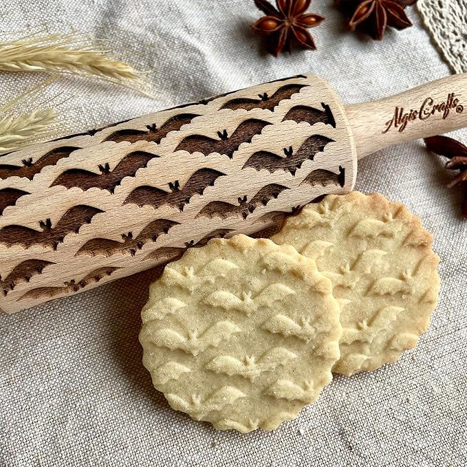 HALLOWEEN 3 Mini Embossed Rolling Pin Set. Wooden Laser Engraved Textured rolling pins for Cookies, Modeline, Ceramic with Skulls, Bats, Halloween by Algis Crafts