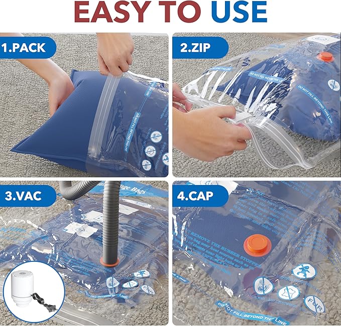 Vacuum Storage Bags with Electric Air Pump 24 Combo (5 Jumbo/5 Large/5 Medium/5 Small/4 Roll), Plastic Packaging Bags,Space Saver Sealer Bags for Clothes, Pillows, Comforters, Blankets, Bedding