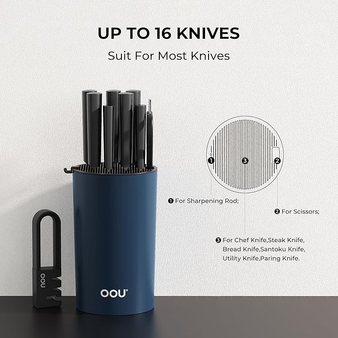 OOU Universal Knife Block Holder - Round Kitchen Knife Storage Unique Slot Design to Protect Blades, Space Saver Knife Organizer Detachable for Easy Cleaning, Blue