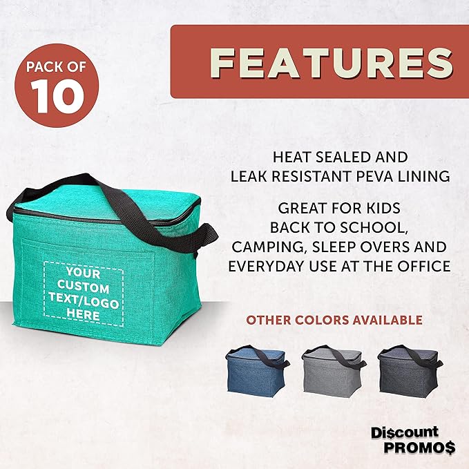 Custom Insulated Cooler Lunch Bag Set of 10, Personalized Bulk Pack - Perfect for Work, Travel, Outdoor Events - Mint