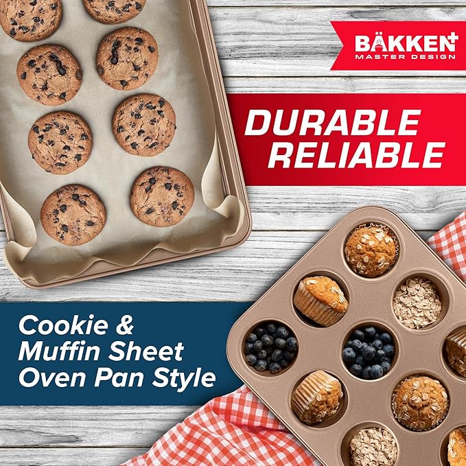 BAKKEN 10-Piece Kitchen Baking Pan Set - Commercial Grade Carbon Steel Bakeware, With Nonstick Coating, Stackable and Space-saving Design, PFOA, PFOS, PTFE Free, Oven Safe Tray (Up To 450°F), Brown