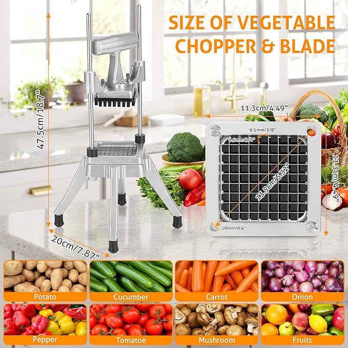 WICHEMI Commercial Chopper Vegetable Cutter Fruit Dicer Commercial Onion Chopper Professional Food Dicer Heavy Duty Stainless Steel Cutter for French Fry Tomato Potato Peppers Mushrooms (3/8")