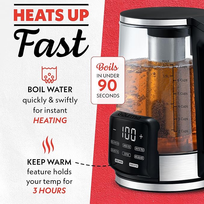 Gourmia Electric Programmable Glass Kettle – 1.7L Temperature Control Tea & Coffee Kettle with Digital Touch Display, 6 Presets, Keep Warm, Removable Stainless Steel Infuser, 360° Swivel Base – Peach