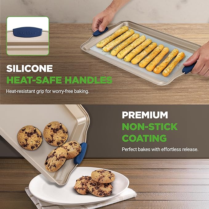 NutriChef 3‑Piece Non‑Toxic Cookie Sheets for Baking – Premium Carbon Steel Oven Tray Set with Blue Silicone Handles – Nonstick Baking Sheet Set for Cookies, Pastries & Oven‑Safe Cooking