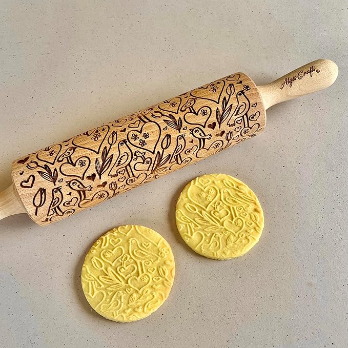 LOVE BIRDS Embossing Rolling Pin – Laser Engraved Dough Roller with hearts and birds pattern. Great for cookies, clay crafts, and a charming gift. By Algis Crafts
