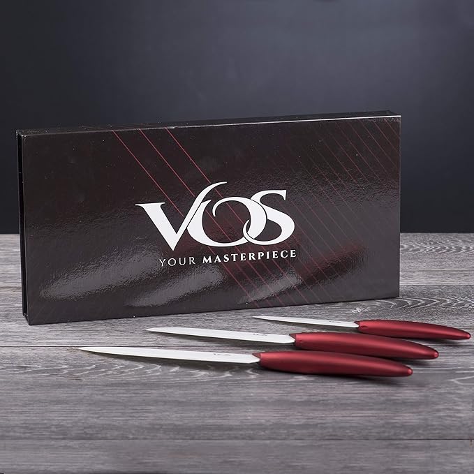 Vos Ceramic Knife Set in Elegant Gift Box, Ceramic Knives Set For Kitchen, Ultra Sharp Kitchen Knife Set with Covers, 4" 5" 6" Paring, Santoku & Chef Knife, Lightweight, Dishwasher safe (Red Handle)