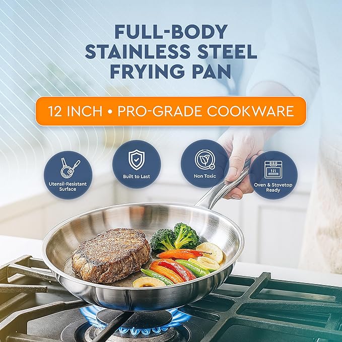 UNOX Stainless Steel Frying Pan 12 inches 3-ply Dishwasher Oven Safe up to 800°F -Crafted in Turkey