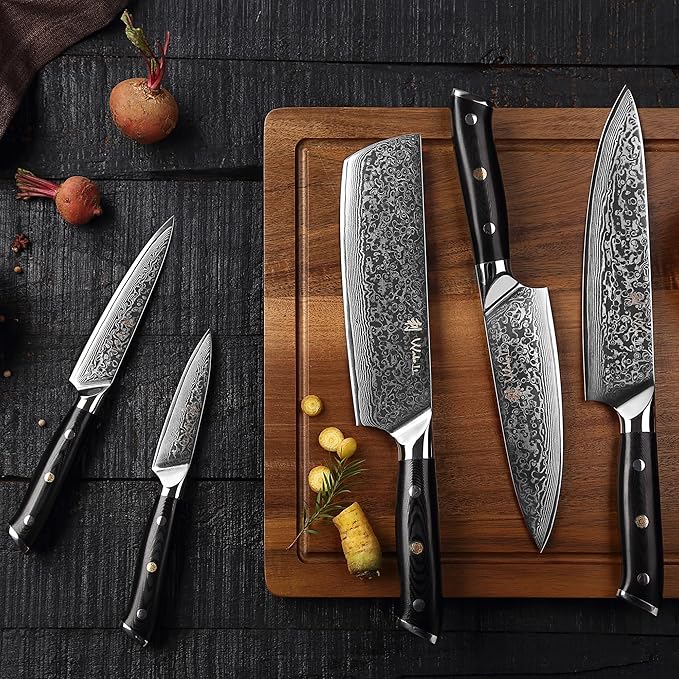 Wakoli Knife Block Sets – 5-Piece Professional Damascus Kitchen Knife Set with Magnetic Block | G10 Handles & VG10 Core | Gift Box (Elite Cuisine)