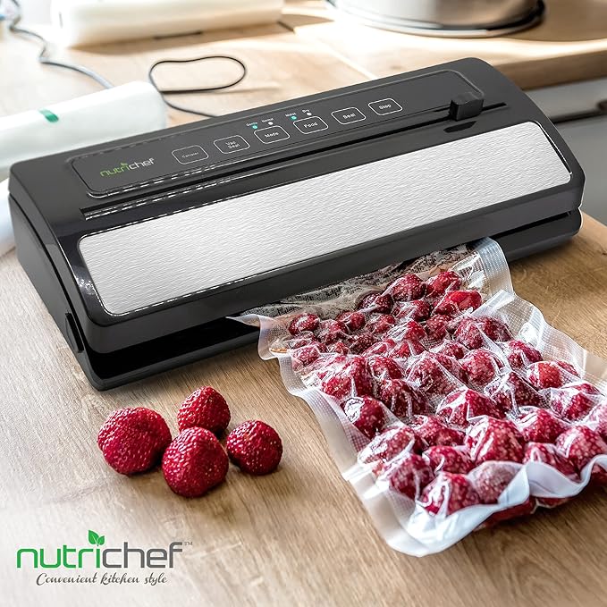 NutriChef Vacuum Sealer | Automatic Vacuum Air Sealing System For Food Preservation w/ Starter Kit | Compact Design | Lab Tested | Dry & Moist Food Modes | Led Indicator Lights (Black), EWE