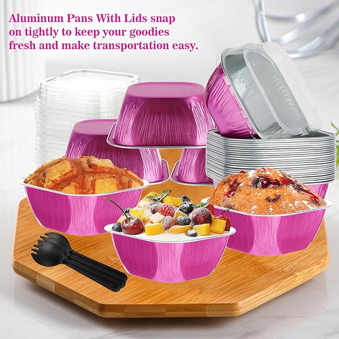 30PCS 7.8OZ Mini Aluminum Pans with Lids, Disposable, Magenta, Perfect for Birthday, Wedding Occasions