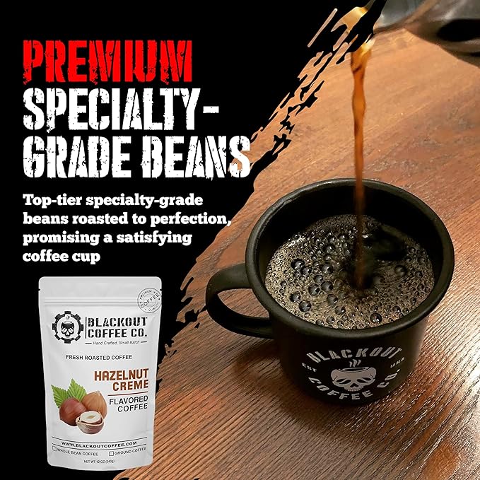 Blackout Coffee Hazelnut Creme Flavored Ground Coffee – Medium Roast, Smooth Taste, Guilt-Free Indulgence – Freshly Roasted 12oz Bag, American Made