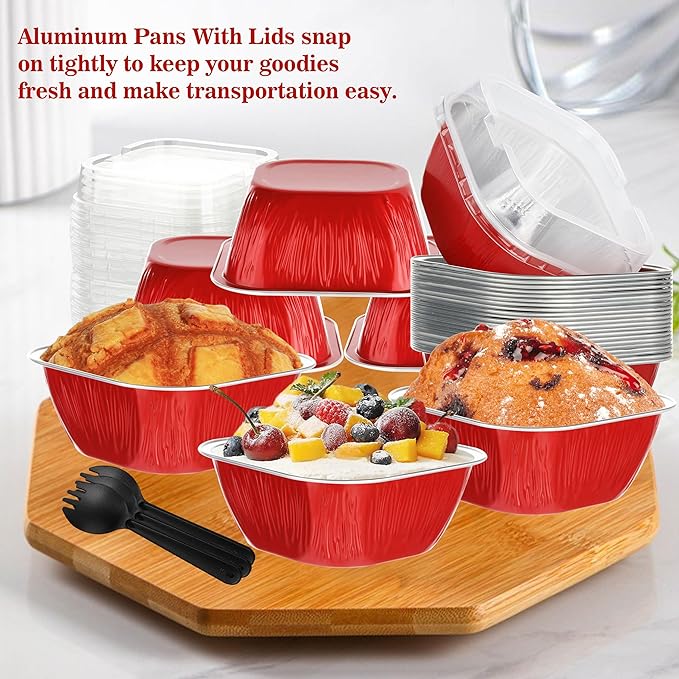 30PCS Mini Cake Tins With Lids - 7.8OZ Aluminum Foil Baking Cups for Individual Cakes, Bundt Pans for Baking Party, Red