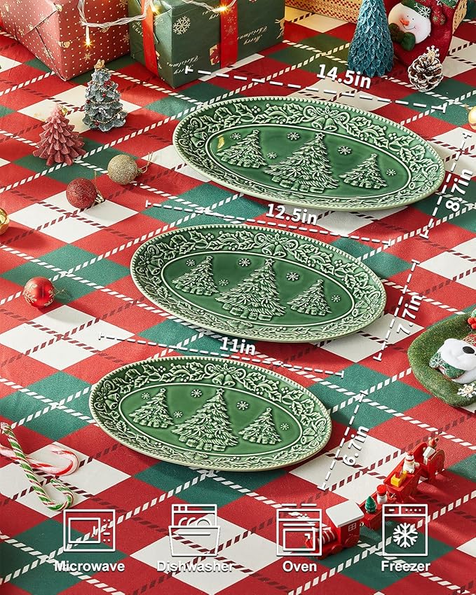 Christmas Tree Serving Platters, 14.5"/ 12.5"/11" Ceramic Oval Serving Trays, Green Serving Plates, Dishwasher and Microwave Safe, Set of 3