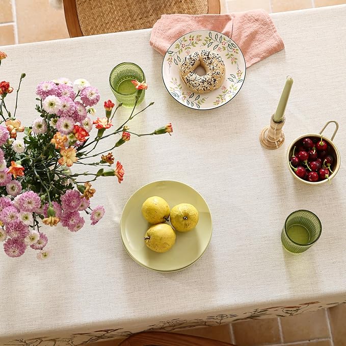 ISAENNE Designer Off White Linen Table Cloth for Rectangle Table,Floral Elegant Tablecloth,Stain Resistant Vintage Decor Tablecloths for Dining Thanksgiving Kitchen,55"*79"-Serenity G