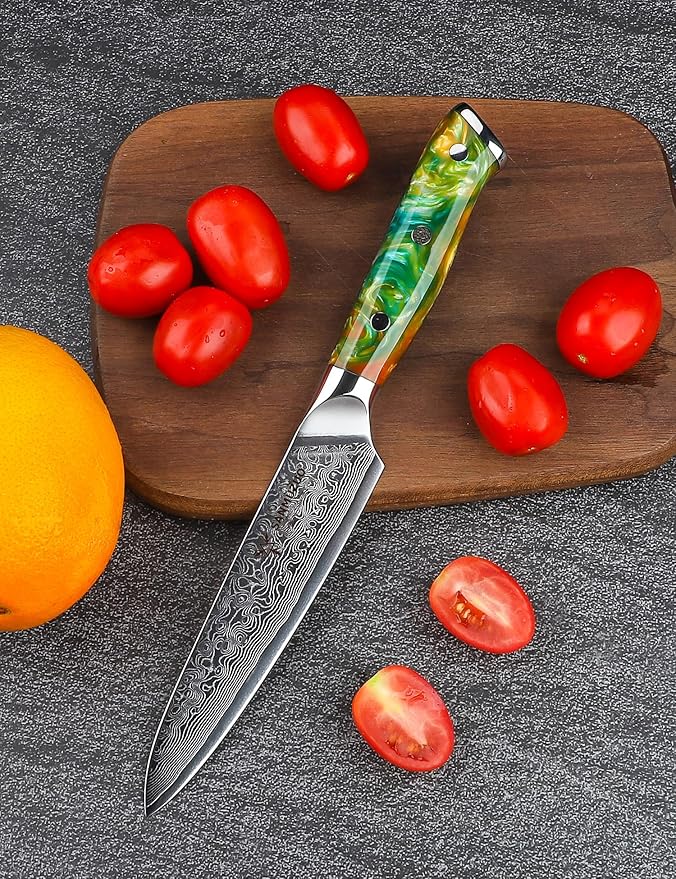 5 Inch Kitchen Utility Knife - Xuan Series Kitchen Knives - VG10 Damascus Steel with Resin Handle (Fantasy Orange)