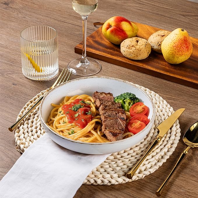 AmorArc 24 Pieces Ceramic Dinnerware Sets for 8, Handpainted Stoneware Plates and Bowls Set with Rustic Terracotta Underside, Scratch Resistant Dishes Set, Dishwasher & Microwave Safe, White