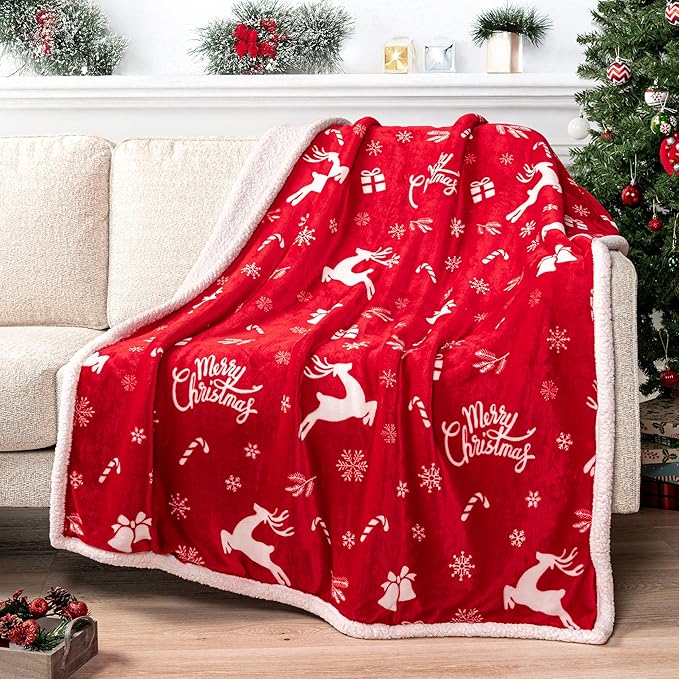 PAVILIA Premium Christmas Sherpa Throw Blanket | Christmas Decoration Gift, Fleece, Plush, Warm, Cozy Reversible Microfiber Holiday Blanket | Red Reindeer - 60x80 Twin