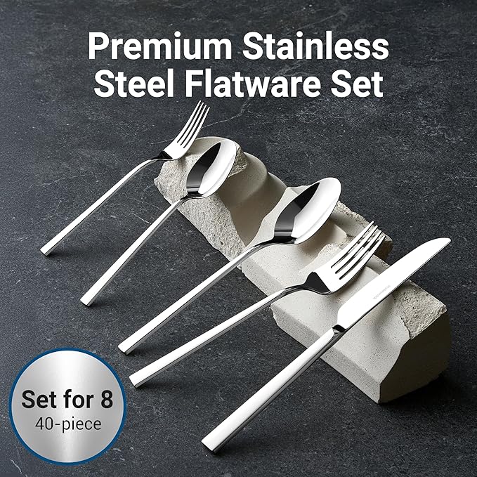 Essen Flatware Set for 8, 40-Piece Silverware Set, Premium 18/10 Stainless Steel Utensils with Mirror Finish, Modern Silverware for Daily Use, Hosting, or Housewarming Gifts