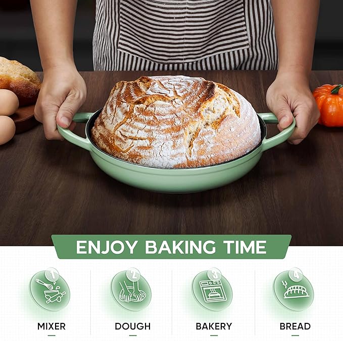 E-far Dutch Oven for Sourdough Bread Baking, 6 Qt Round Enameled Cast Iron Dutch Oven for Homemade Artisan Bread, Dome Lid & Shallow Base, Matte Black Interior & Durable, Oven-Safe to 500℉, Green