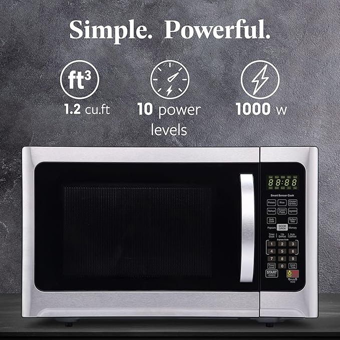 Farberware 1.2 Cu. Ft. Countertop Microwave Oven – 1000 Watts Power, Smart Sensor Auto Cook Settings, Defrost, Easy Clean and Child Safety Lock - Stainless
