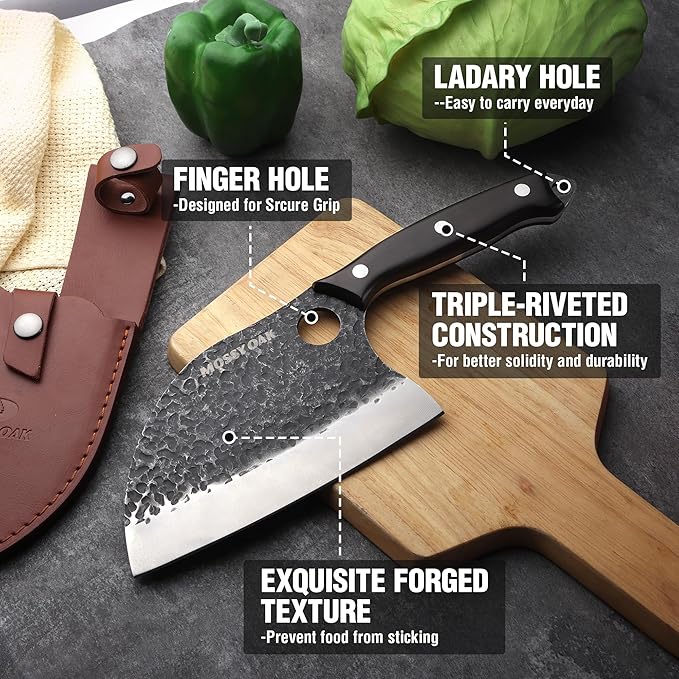 Mossy Oak Serbian Chef Knife, Meat Cleaver Knife with Genuine Leather Sheath, Hand Forged Heavy Duty Chopper Knife Full Tang Handle, Butcher Knife for Kitchen, Outdoor Cooking, Camping
